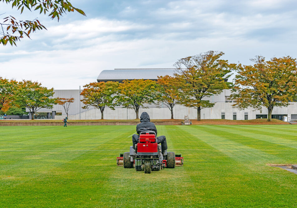 Professional lawn mowing service with commercial mower creating perfect striped patterns in Madison Wisconsin