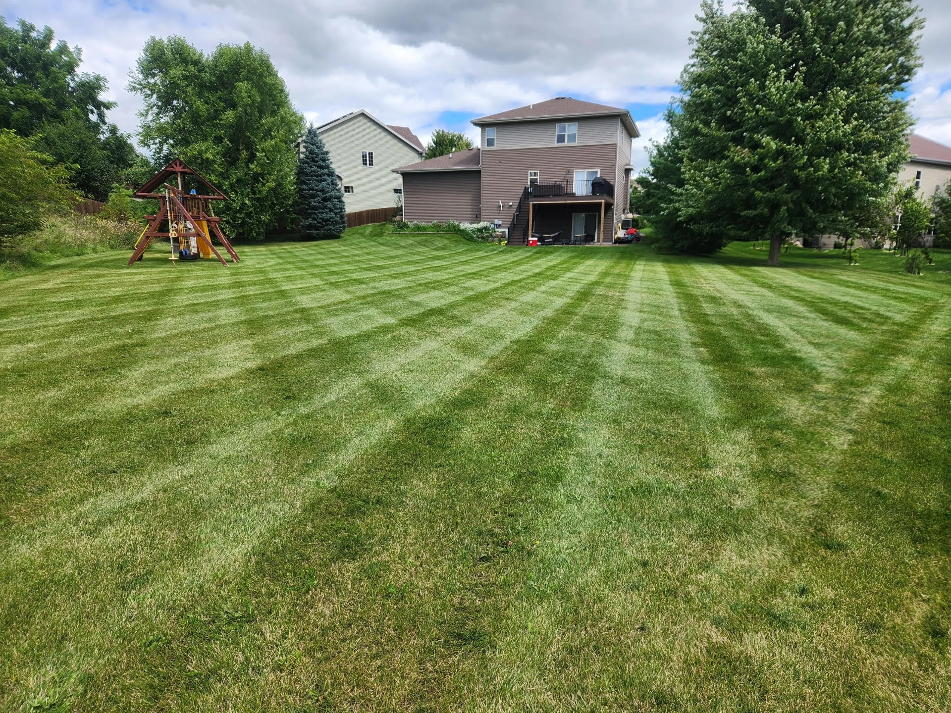 Before and after lawn transformation showing improved grass quality and curb appeal
